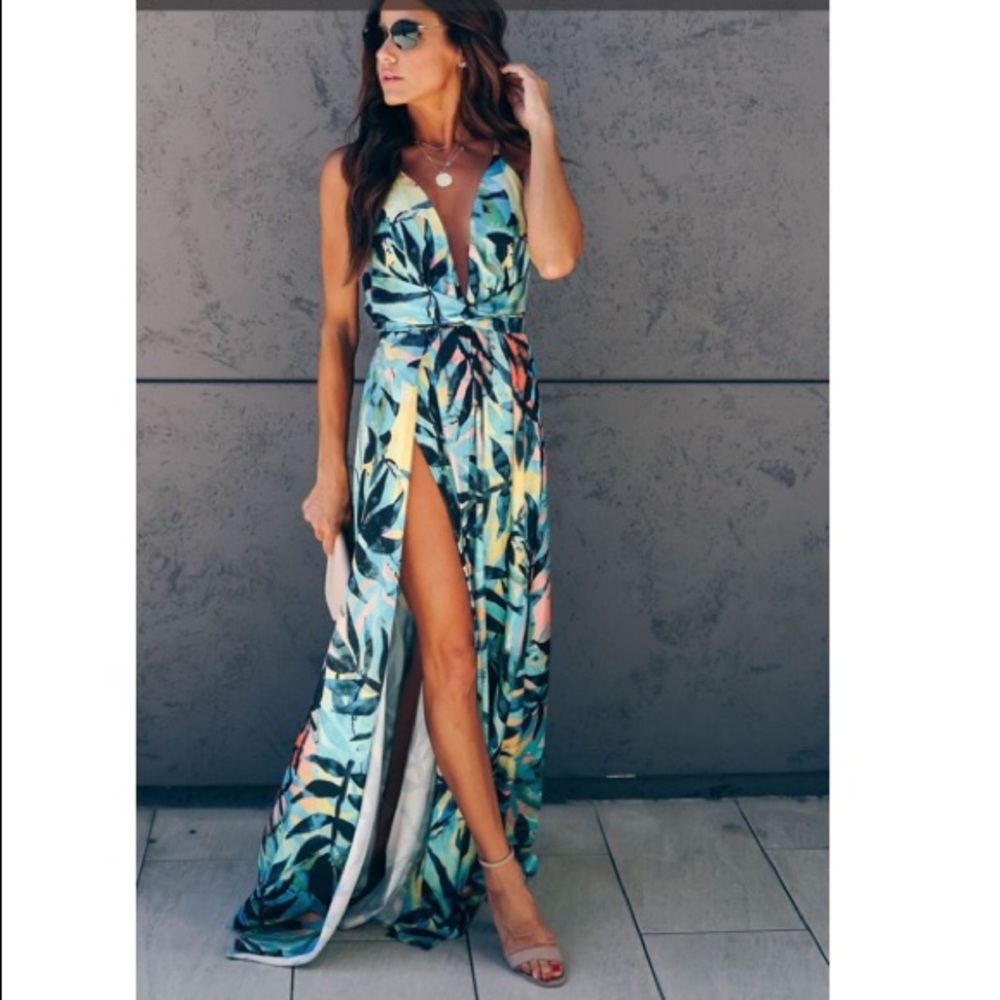 Enzo Tropical slit maxi dress